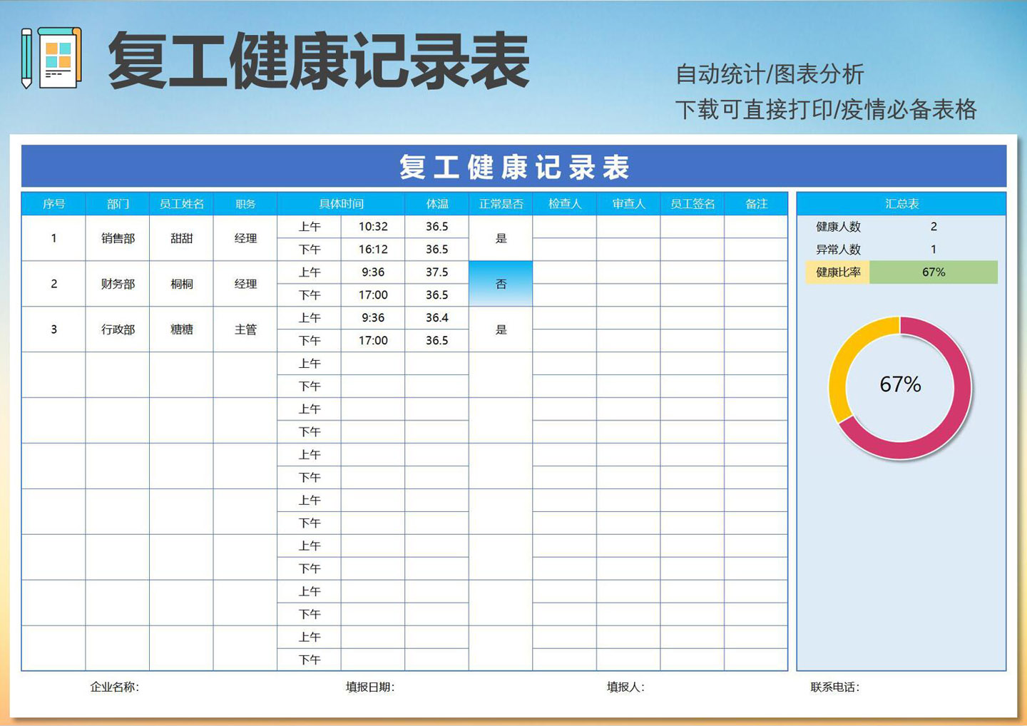 员工复工健康登记表（智能分析）