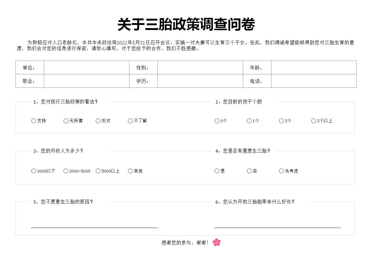 关于三胎政策调查问卷