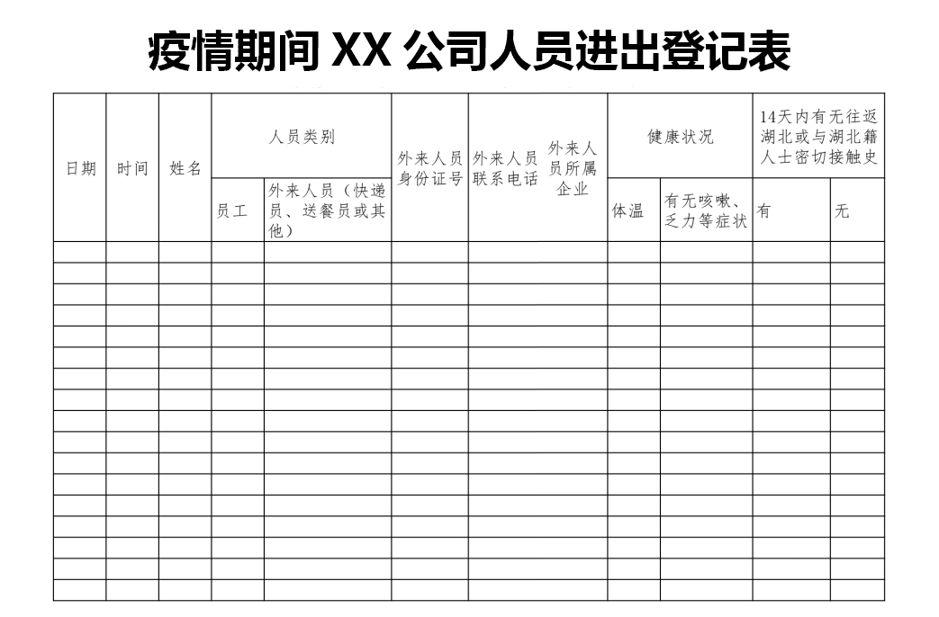 疫情防护期间公司人员进出登记表