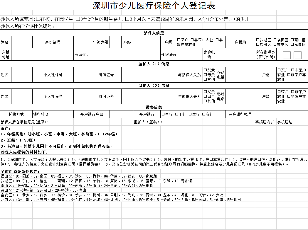 深圳市少儿医疗保险首次参保登记表