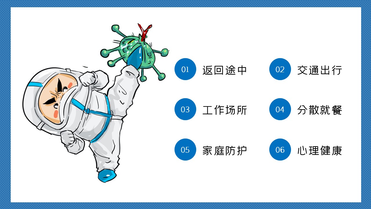 蓝色卡通风新冠病毒防治PPT模板