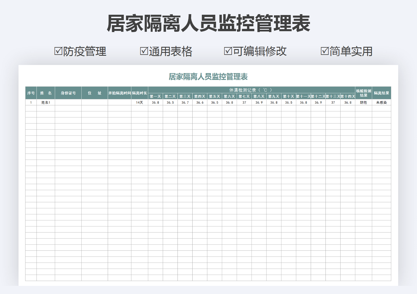 居家隔离人员监控管理表