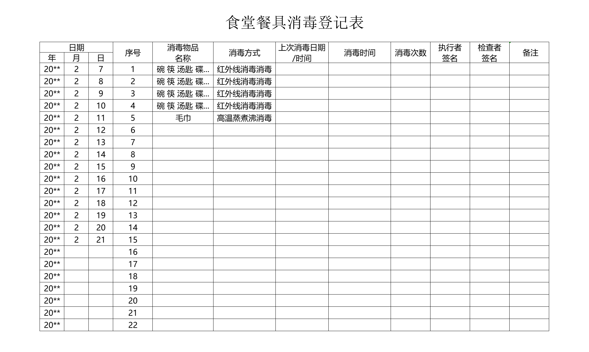 食堂餐具消毒登记表