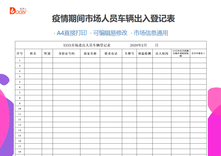 疫情期间市场人员车辆出入登记表