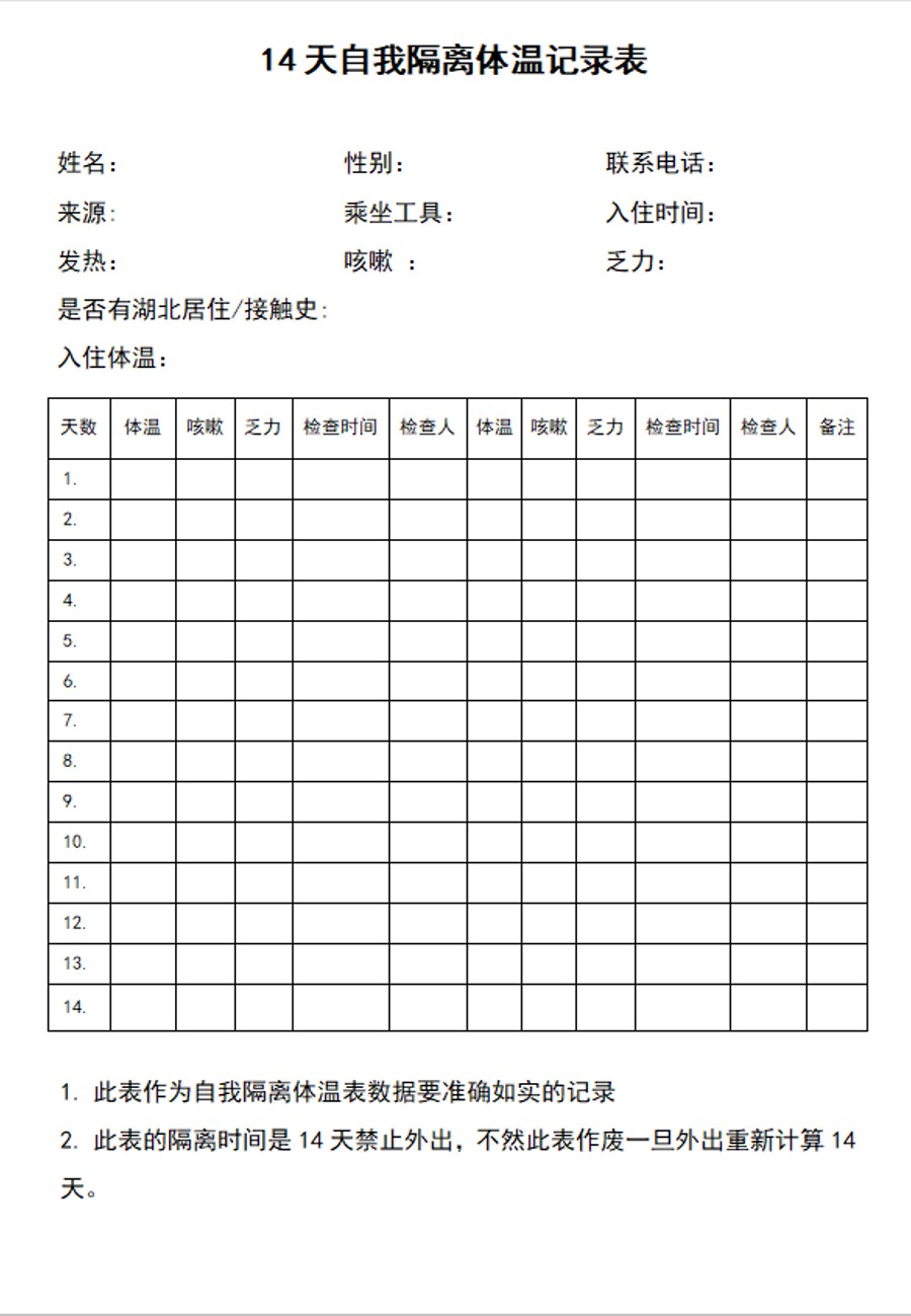 自我隔离体温记录表