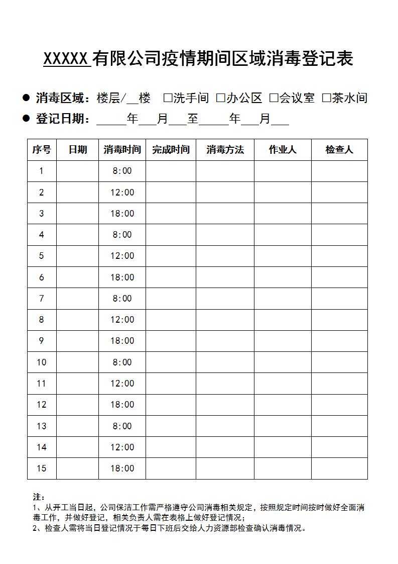 公司开工疫情防护区域消毒登记表