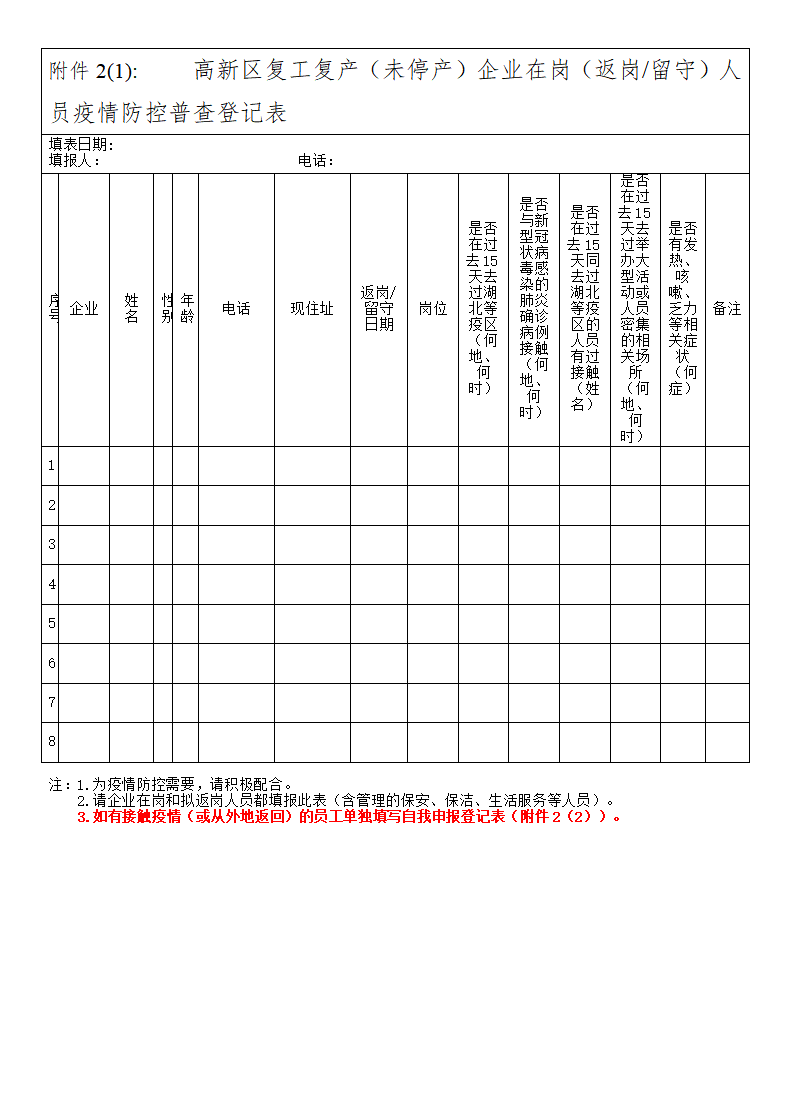 疫情期间个体户及企业复工申请表