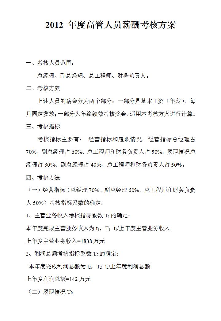 高管薪酬方案