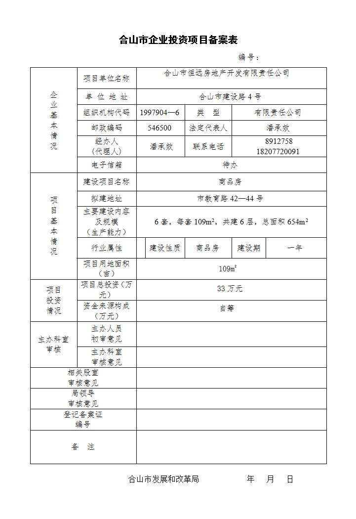 合山市企业投资项目备案表